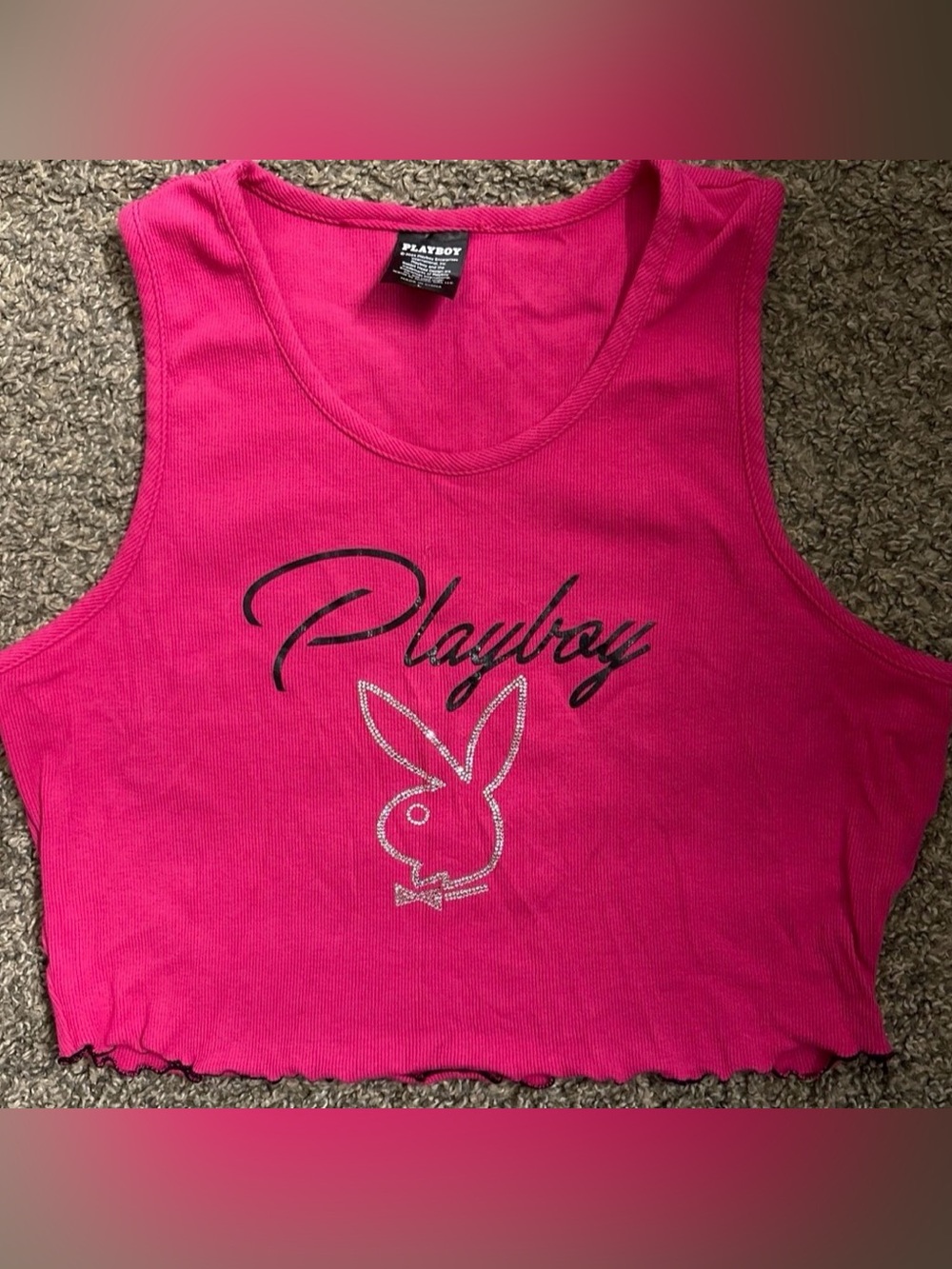 PLAYBOY Hot Pink Ribbed Logo Tank with Silver Bunny